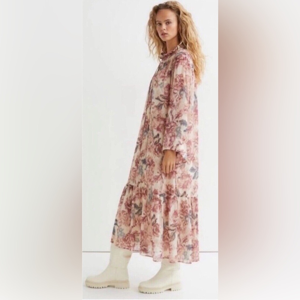 H&M Women Long Chiffon Maxi Dress Conscious Rose Mauve Long Sleeve Large
